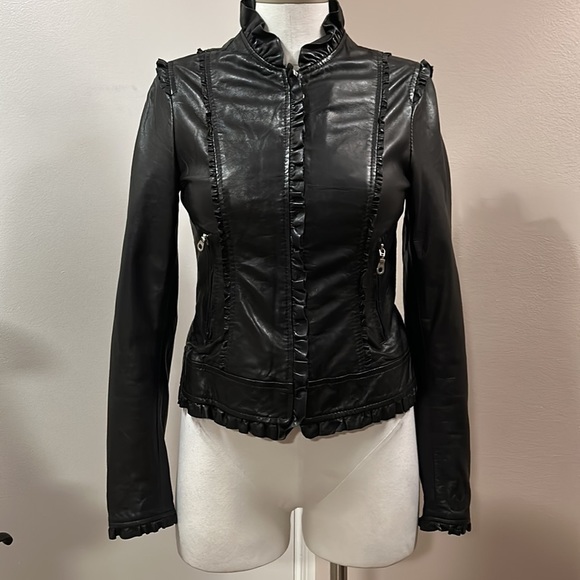 ❌Kenna-t Black Soft Leather Bomber Biker Moto Jacket Ruffle Leopard Lining Small - Picture 2 of 14